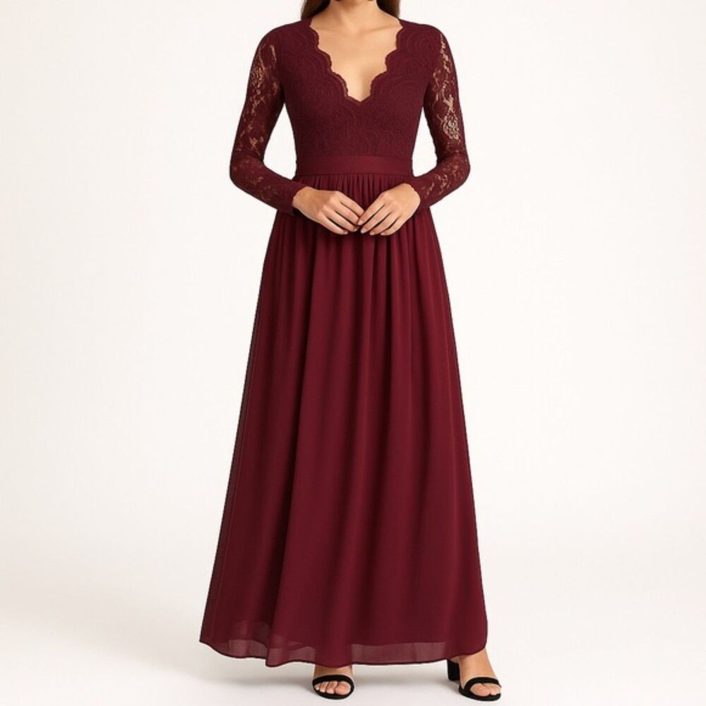 NWT Lulus Awaken My Love Burgundy Long Sleeve Lace Maxi Dress Size Medium NEW
